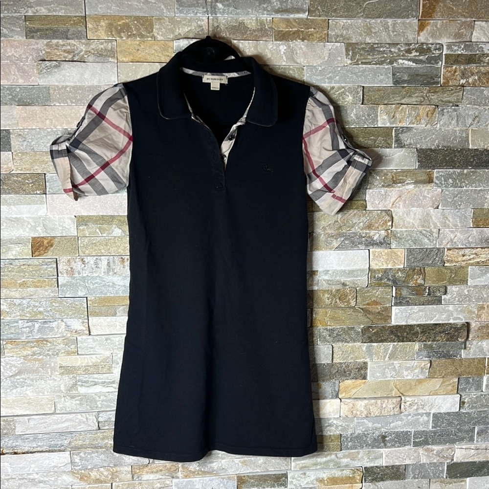 Burberry Black Sheath Dress with Puff Plaid Sleeves